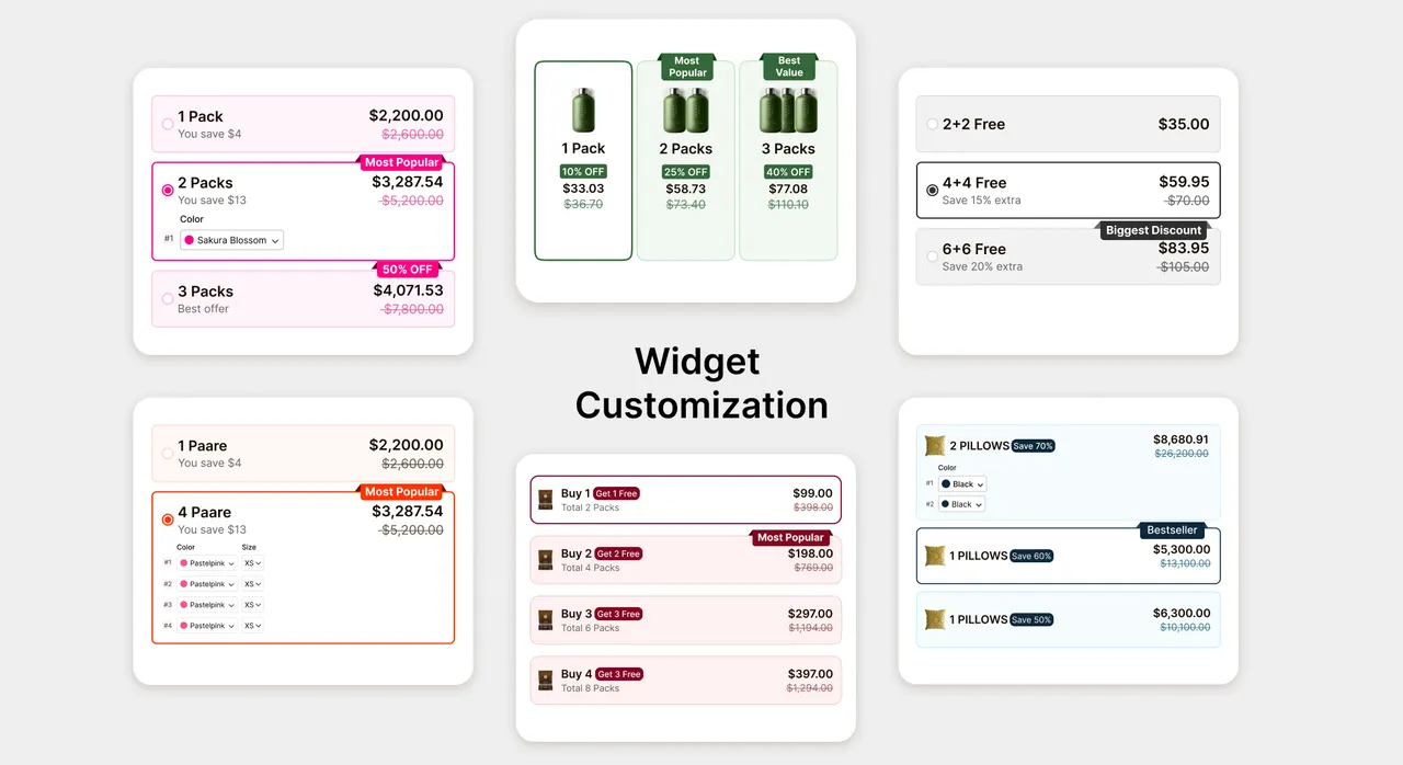 Pumper app interface showing various customizable bundle and quantity break widgets with pricing tiers, discounts, and product variants